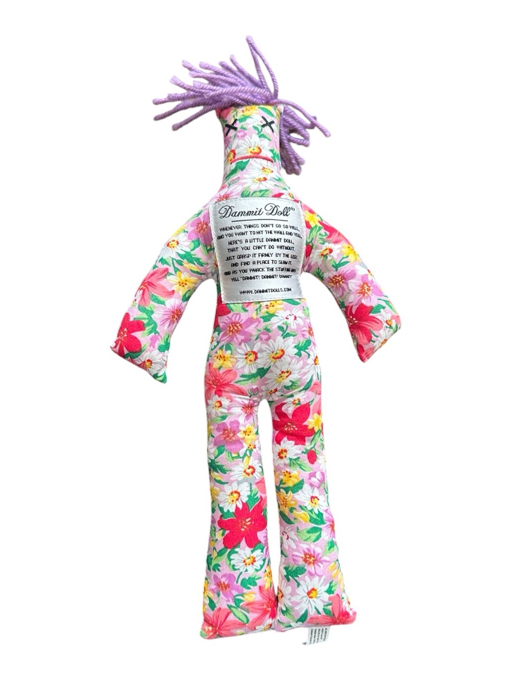 DAMMIT DOLL STRESS RELIEF Pink Floral Rag Doll Plush Lavender Purple Yarn Hair